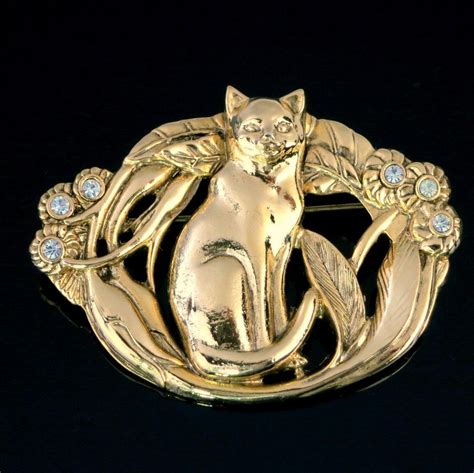 Vintage Cat Brooch Oval Gold Tone With Rhinestones Signed Berebi