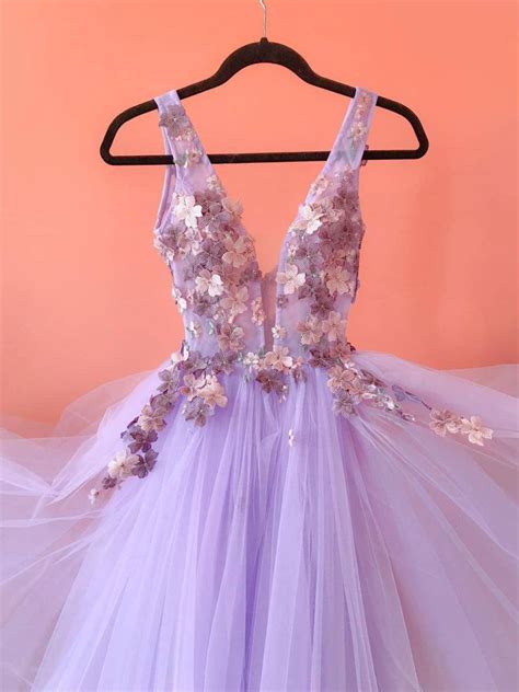 Purple Tulle Lace V Neck Long Prom Dress Purple Evening Dress Dresstby
