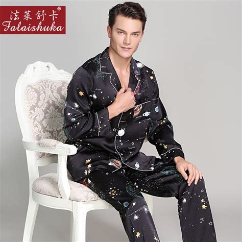 100 Silk Man Pajamas Romantic Starry Sky Printed Long Sleeve 19 Mm Sleepwear Male Two Piece