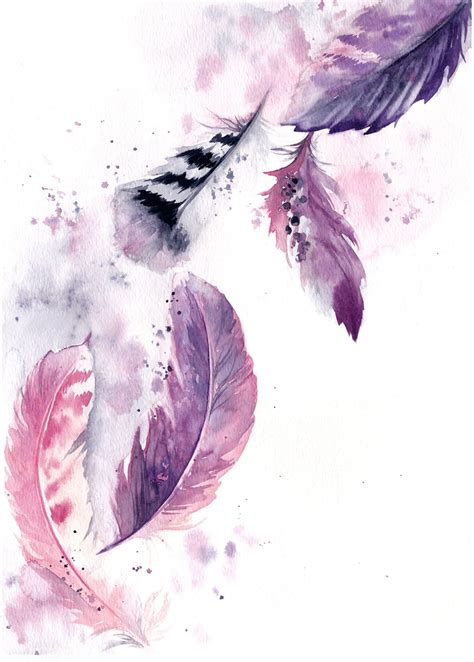 Purple Feathers Painting Original Watercolor Painting Pink Etsy
