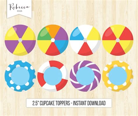 Beach Cupcake Toppers Pool Party Toppers Printable Birthday Toppers Summer Cupcake Toppers Ball