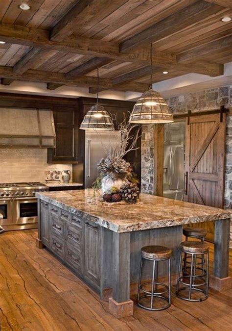 Beautiful Rustic Kitchen Marble Center Island Fixtures And Ceiling
