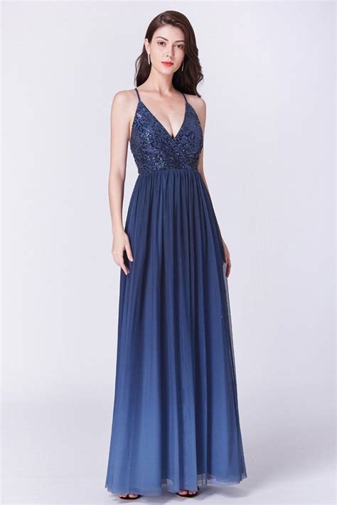 Ombre Navy Blue Sequined Chiffon Prom Dress With V Neck 64