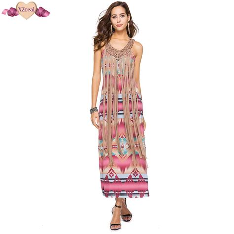 Women Summer Long Sundress Ankle Length Print Patchwork Tassel Dress