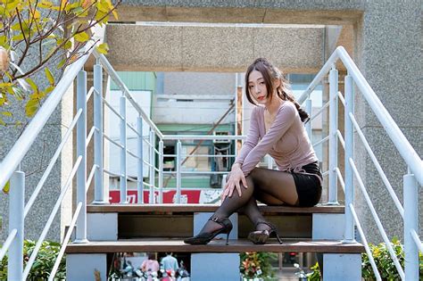 asian model women long hair dark hair sitting nylons stairs iron railing hd wallpaper