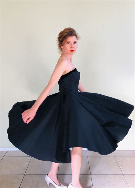 S Dress Black Taffeta Strapless Full Skirt Velvet Bow Etsy