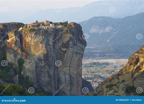 Monastery On Top Of Rock Pillar Stock Image Image Of Site Meteora