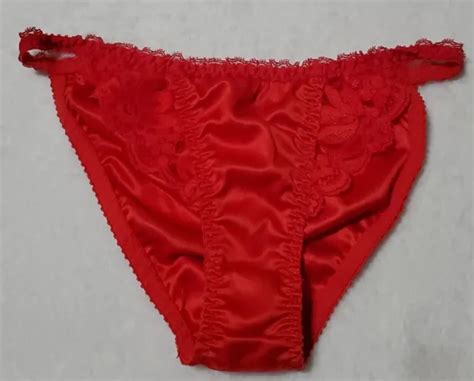 Vintage Satin String Bikini Panties Red Shiny Nylon Frilly Lace Trim