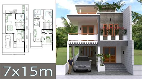 Single story 4 bedroom floor plans have unique house exterior style. Home Design Plan 7x15m with 4 Bedrooms - SamPhoas Plan