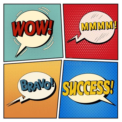 Comic Bubbles Set Expressions Wow Mmmm Bravo Success Stock Vector