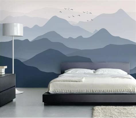 Ombre Mountain Landscape Birds Removable Wall Fabric Wallpaper Etsy