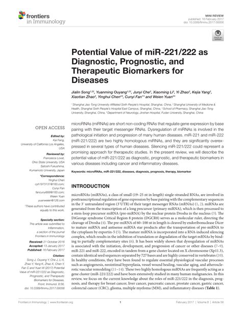Pdf Potential Value Of Mir As Diagnostic Prognostic And