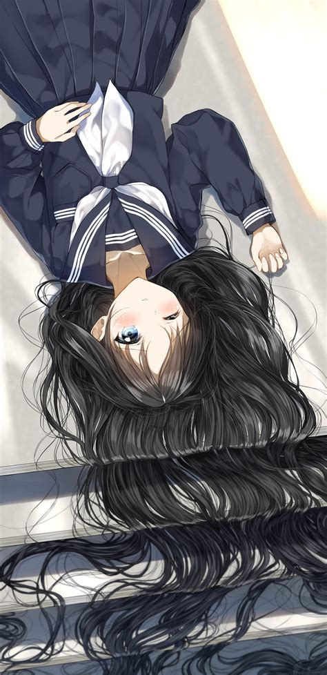 Long Hair Black Hair Anime Girls Red Eyes Zipper Anim