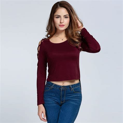 Sex Long Sleeve T Shirt Long Solid Asymmetric Tops Slim Hem Cold Women Shoulder New Hollow Big