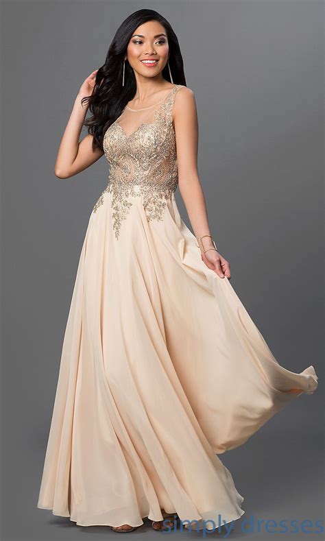 Sheer Bodice Long Prom Dress With Lace Applique Chiffon Prom Dress