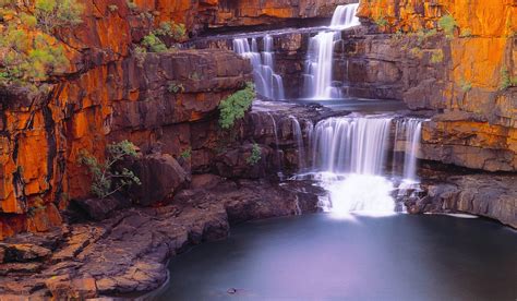 Purple And White Floral Textile Waterfall Nature Pond Rock Shrubs Australia Landscape 2k