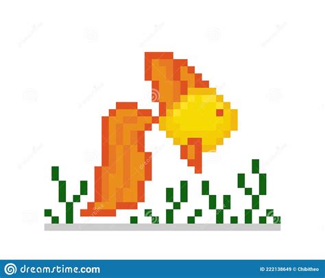 Goldfish Pixel Art Symbol Isolated On White Background Pet Animal