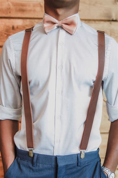 Brown Wedding Suspenders With Silver Or Brass Clips And Faux Leather