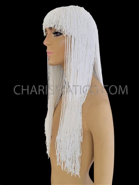 white beaded fringe drag queen cher inspired wig