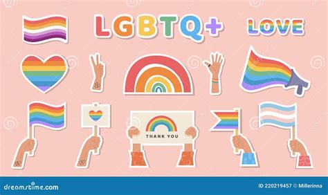 set of stickers with lgbtq symbols lgbt transgender and lesbian flag rainbow heart hands