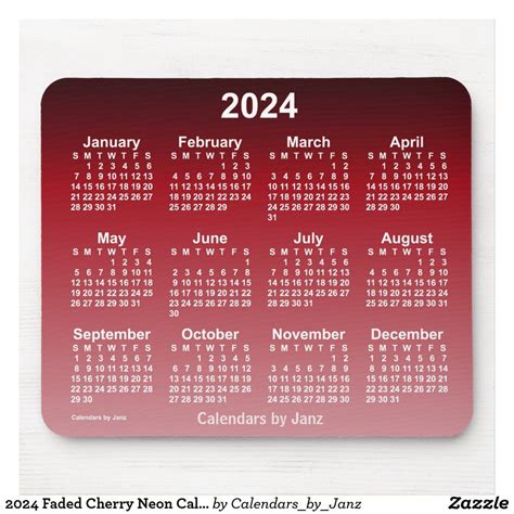 2024 Faded Cherry Neon Calendar By Janz Mouse Pad Zazzle Custom