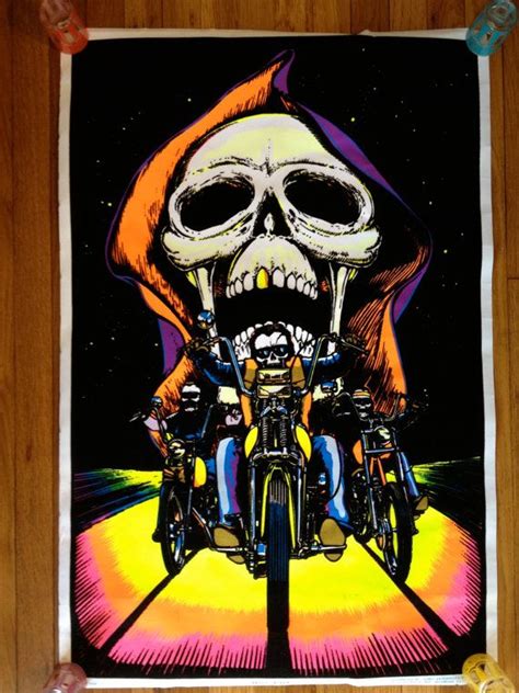 skull rider 1984 flocked original vintage blacklight poster biker art bike artwork
