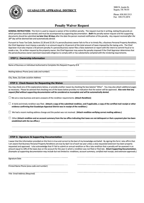 The irs recently announced it would waive the penalty for any taxpayer who paid at least 80% of their total federal tax obligation during the year. Penalty Waiver Request Form - Guadalupe Appraisal District printable pdf download