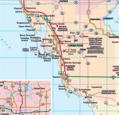 Southwest Florida Road Map Showing Main Towns Cities And Highways In