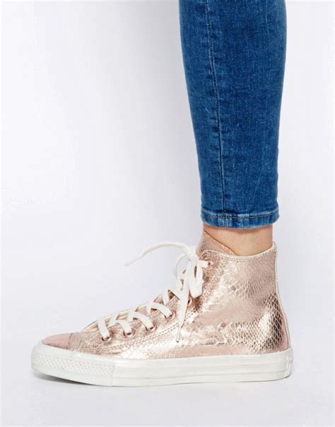 Maybe you would like to learn more about one of these? Image 4 of Converse Chuck Taylor All Star Rose Gold Leather Hi Top Trainers | Converse chuck ...