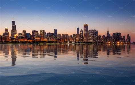 Chicago Skyline At Sunset From The Architecture Stock Photos