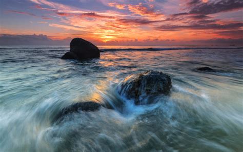 Ocean Clouds Sunset Rocks Stones Sea Sky Waves Exposure
