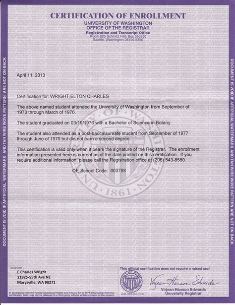 Certification Of Enrollment From University Of Washington Including Bs