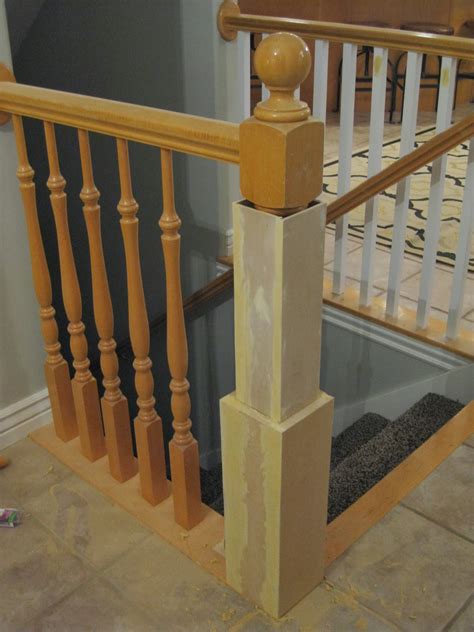 Using a sharp chisel, rebate the newel post to accommodate the 32mm x 32mm square plate drill a hole half an inch into the end of the rail so the threaded spigot on the square plate fits tight using the screws provided, fix the plate onto the end of the handrail. Remodelaholic | Stair Banister Renovation Using Existing ...