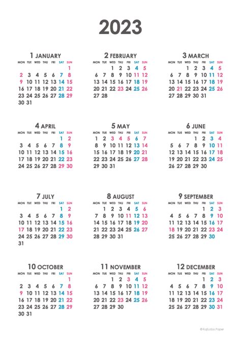 2023年シンプルカレンダー 年間カレンダー かわいいカレンダーやペーパーグッズを無料でダウンロードサイト「kajilabo