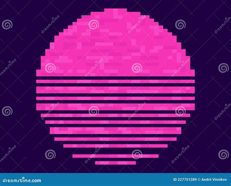 Retro Sunset 80s In Pixel Art Style 8 Bit Pink Sun Synthwave And