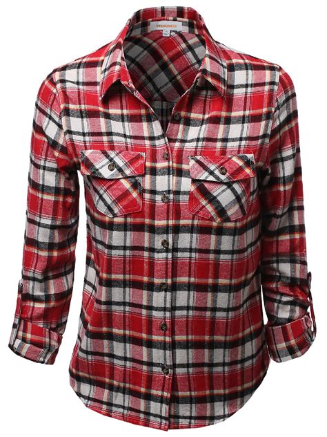 FashionOutfit Women S Flannel Plaid Checker Roll Up Sleeves Button Down