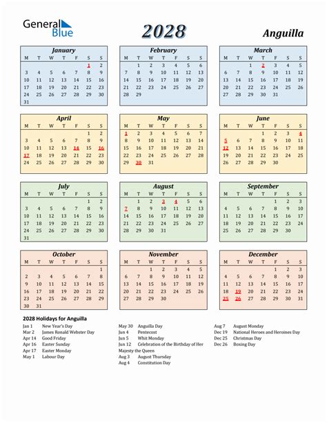 2028 Anguilla Calendar With Monday Start