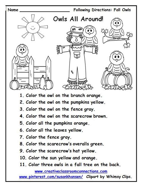 Free Following Directions Worksheet With Owls All Around Complete