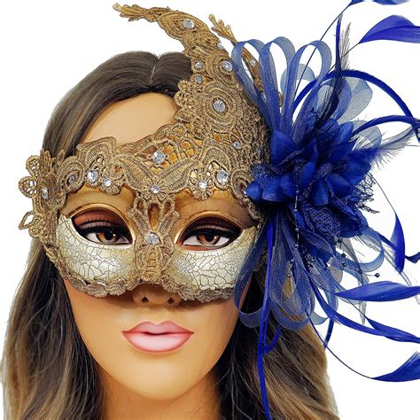 masquerade mask for women elegant feather venetian mask blue and gold party mask for