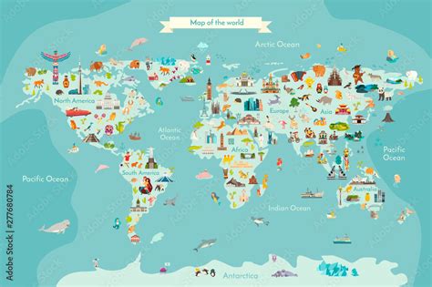 Fototapeta Mapa świata Dla Dzieci Landmarks World Map Vector Cartoon