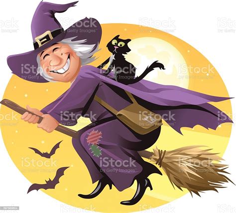 Smiling Witch Flying On A Broom Stock Illustration Download Image Now