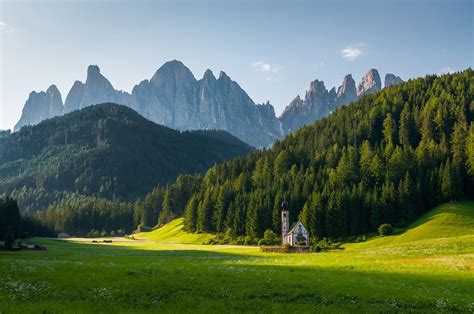Alps Dolomite Alps Alps Mountains Forest Trees Church Meadow