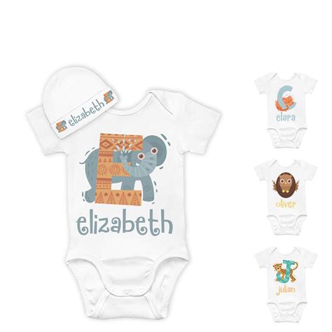 Personalized Baby Onesie Set Custom Bodysuit And Beanie Initial Baby