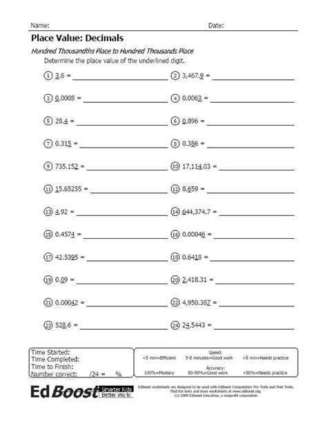 Understanding Place Value Up To Thousandths 5th Grade Worksheets
