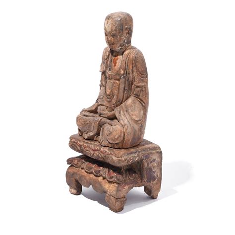 Chinese Polychrome Wood Figure Of Buddha 17thc Polychrome Buddha