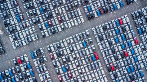 Aerial View New Cars Lined Up In The Port For Import And Export Top