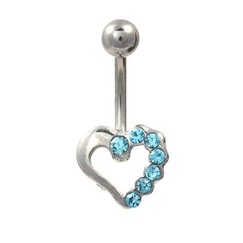 Hollow Heart Belly Navel Ring Aqua Blue CZ Paved Gems Button Piercing