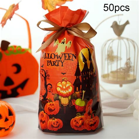 50pcs Halloween Candy Bags With Ribbons Cookie Packaging Cute Present Bag Halloween Party