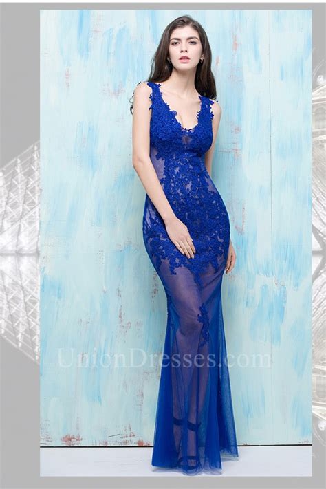 Mermaid V Neck Open Back Sheer See Through Royal Blue Tulle Lace