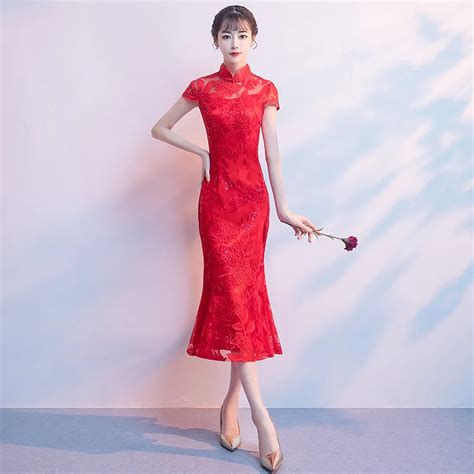 Buy Chinese Red Bride Wedding Evening Party Dress Classic Women Elegant Mermaid
